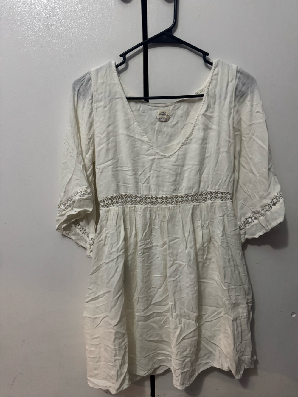 O'Neill White V-Neck Crochet-Trim Long Sleeve Dress